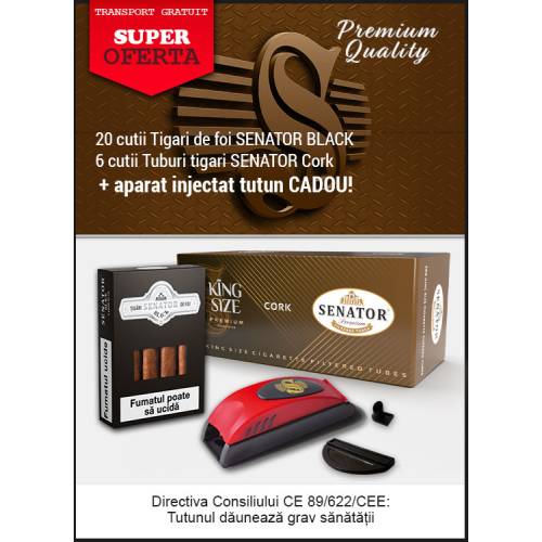 Oferta - Tigari de foi BLACK + tuburi tigari Senator 24 mm Filter XTRA + aparat injectat CADOU